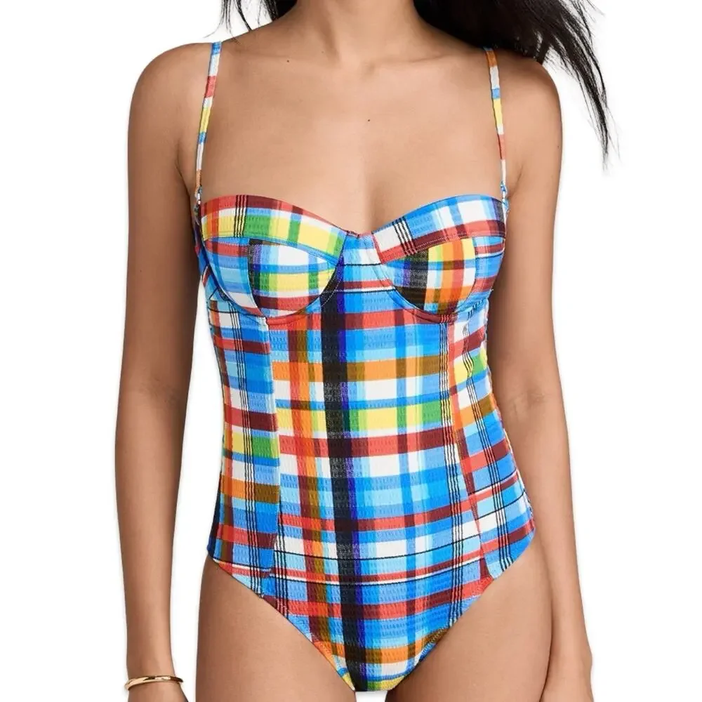 STAUD Blue Red White Amari Madras Plaid Underwire Swimsuit size XL NEW Tags